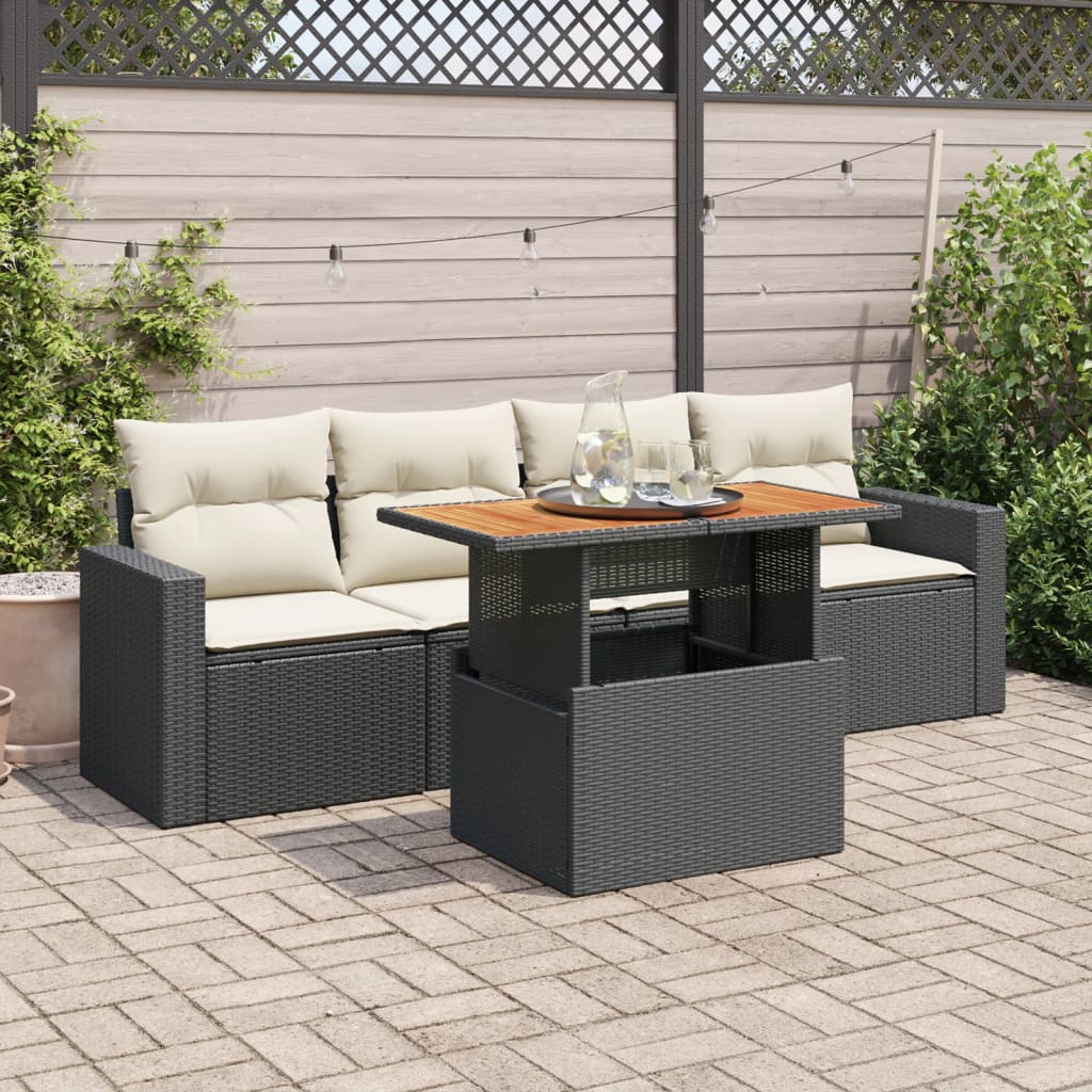 5-tlg. Garten-Sofagarnitur mit Kissen Schwarz Poly Rattan