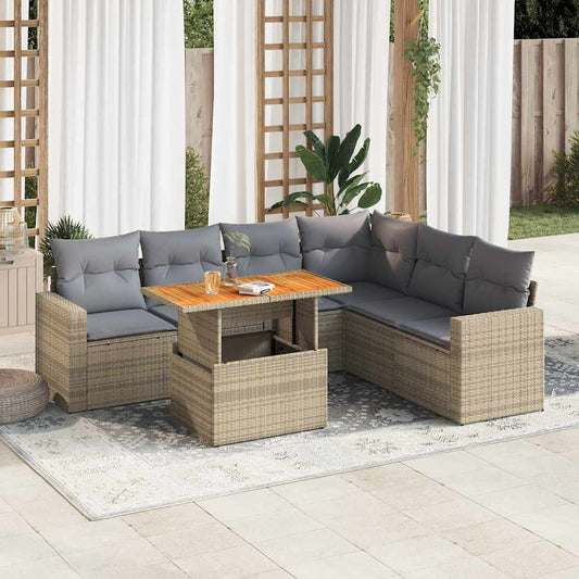 7-tlg. Garten-Sofagarnitur mit Kissen Beige Poly Rattan