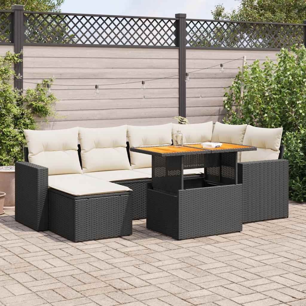 7-tlg. Garten-Sofagarnitur mit Kissen Schwarz Poly Rattan