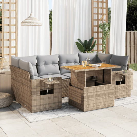 7-tlg. Garten-Sofagarnitur mit Kissen Beige Poly Rattan