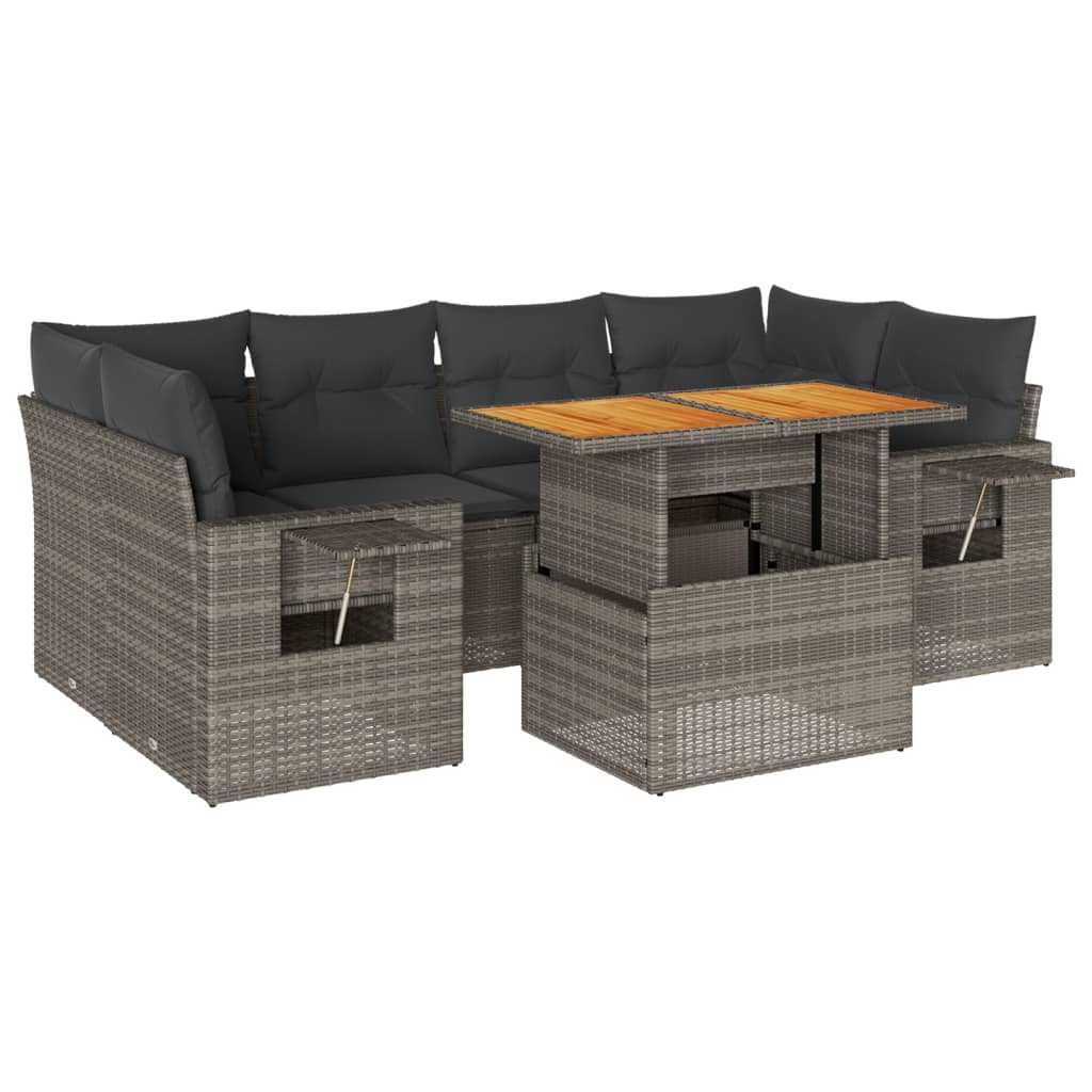 7-tlg. Garten-Sofagarnitur mit Kissen Grau Poly Rattan