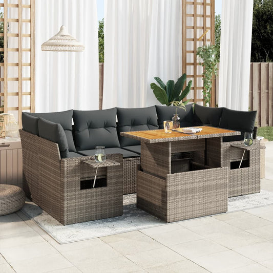 7-tlg. Garten-Sofagarnitur mit Kissen Grau Poly Rattan