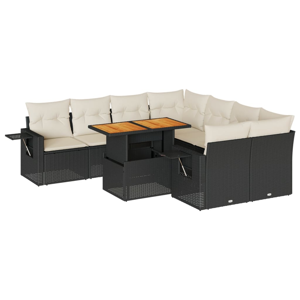 9-tlg. Garten-Sofagarnitur mit Kissen Schwarz Poly Rattan