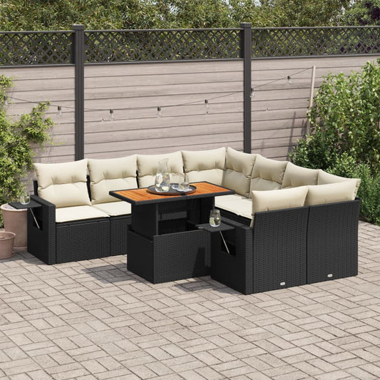 9-tlg. Garten-Sofagarnitur mit Kissen Schwarz Poly Rattan