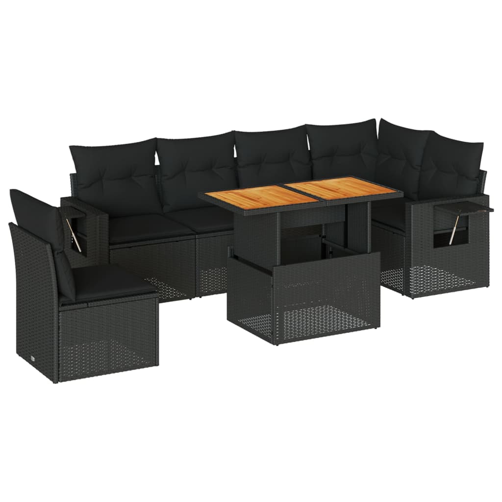 7-tlg. Garten-Sofagarnitur mit Kissen Schwarz Poly Rattan