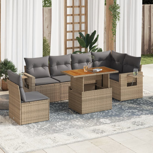 7-tlg. Garten-Sofagarnitur mit Kissen Beige Poly Rattan