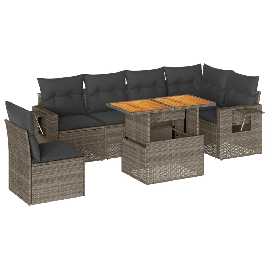 7-tlg. Garten-Sofagarnitur mit Kissen Grau Poly Rattan