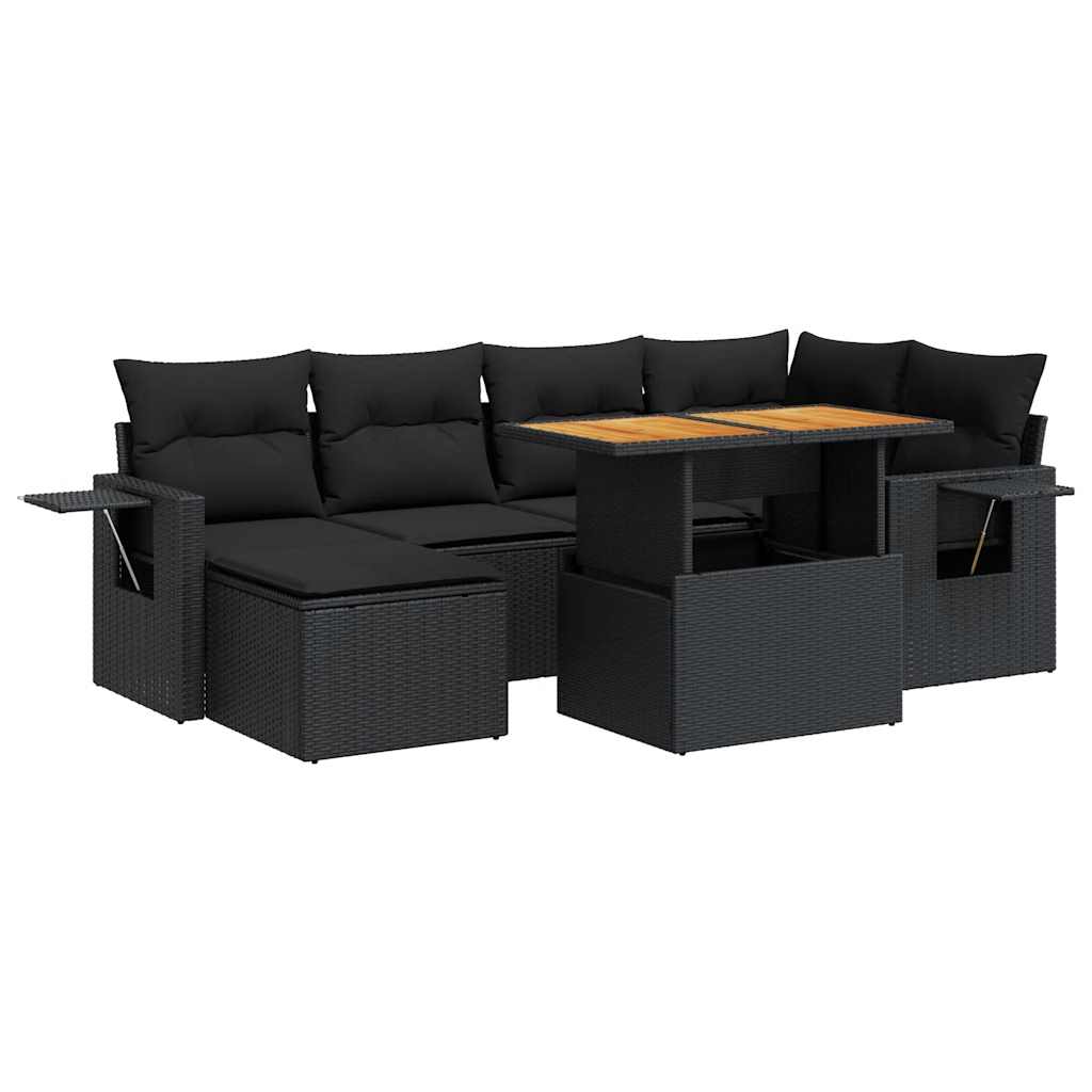 7-tlg. Garten-Sofagarnitur mit Kissen Schwarz Poly Rattan