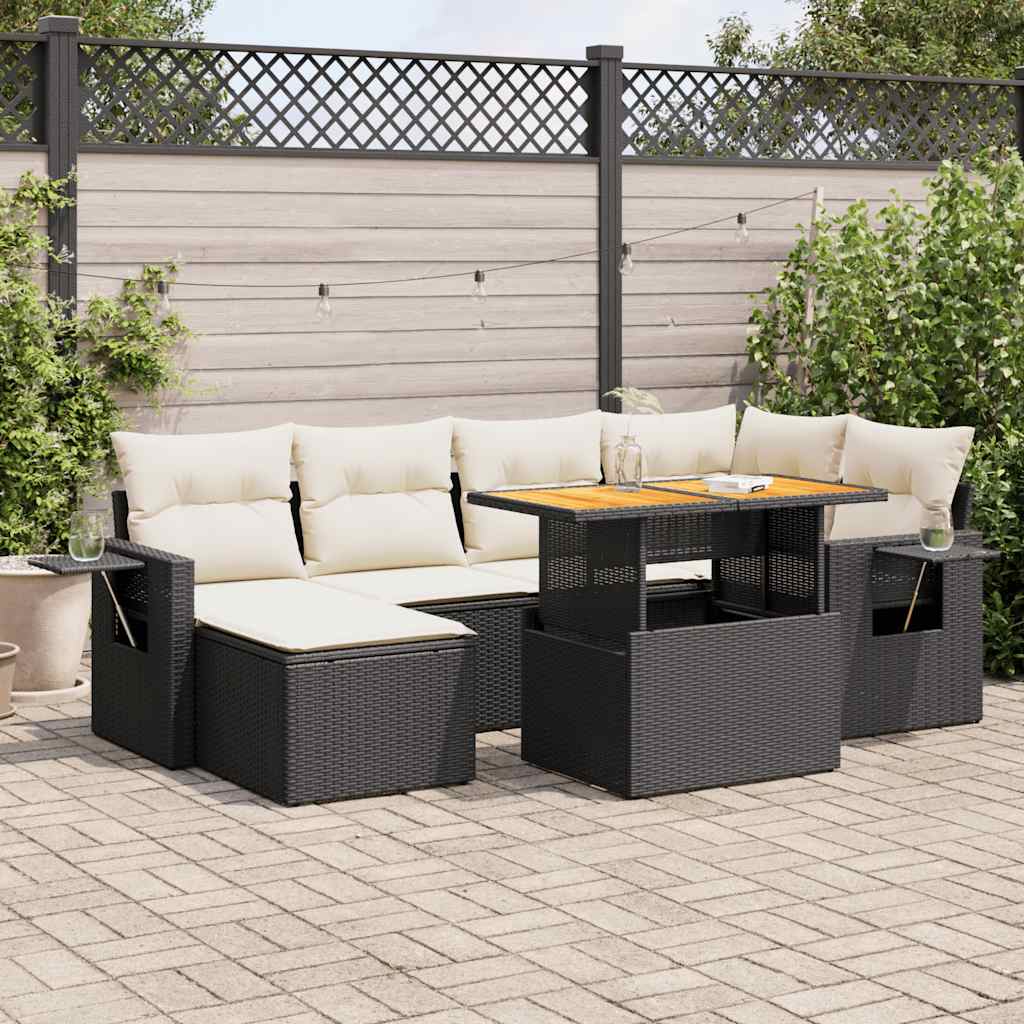 7-tlg. Garten-Sofagarnitur mit Kissen Schwarz Poly Rattan