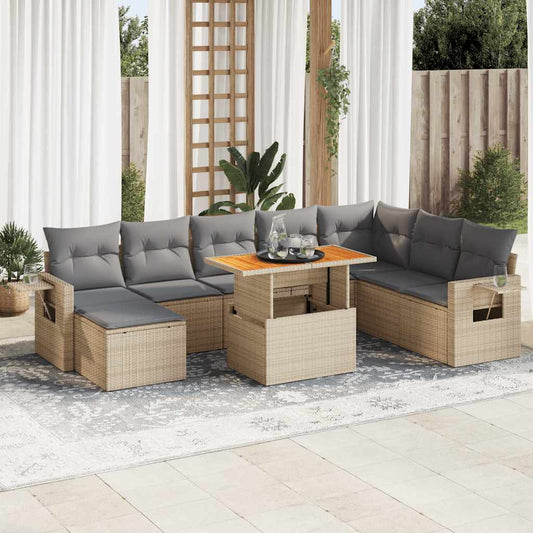 9-tlg. Garten-Sofagarnitur mit Kissen Beige Poly Rattan