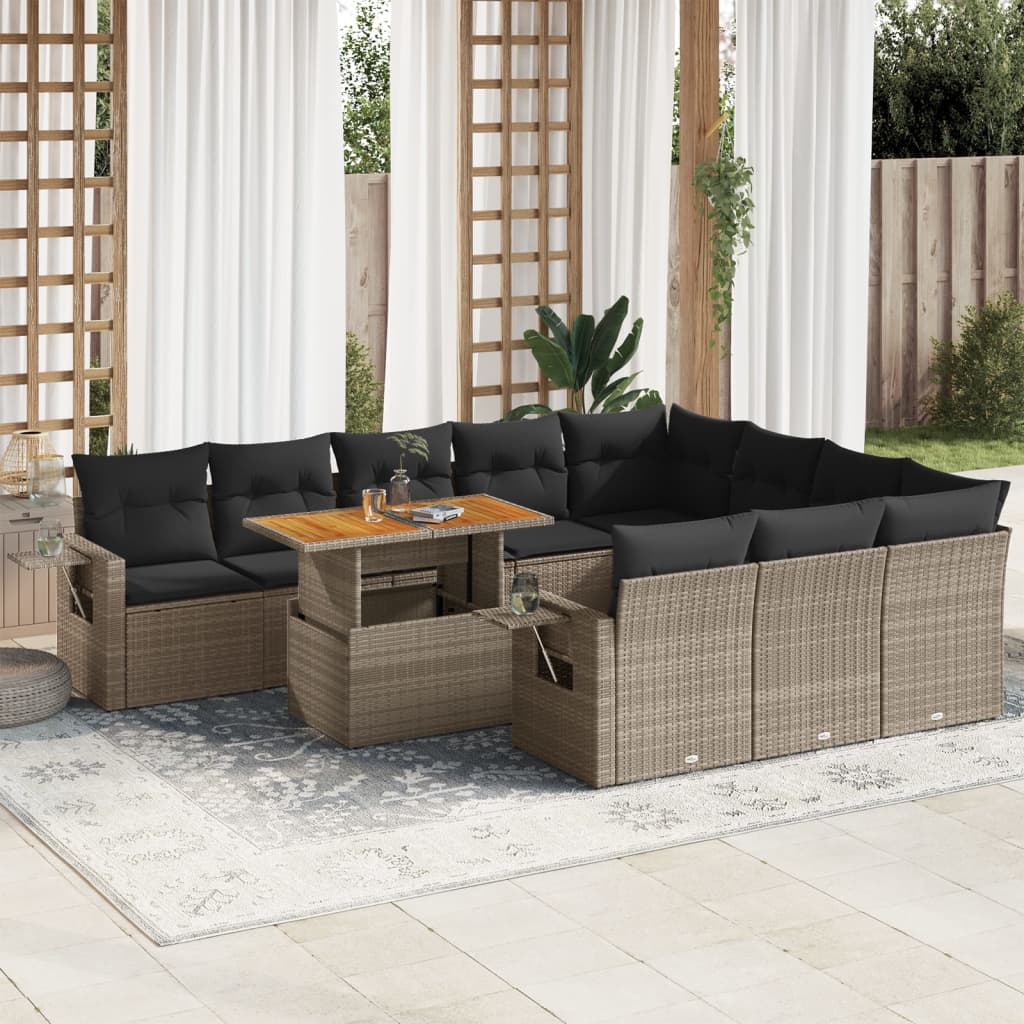 11-tlg. Garten-Sofagarnitur mit Kissen Grau Poly Rattan