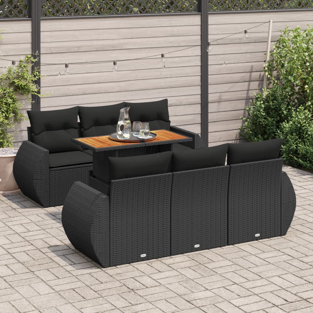 7-tlg. Garten-Sofagarnitur mit Kissen Schwarz Poly Rattan