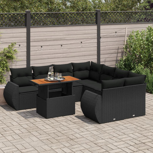 9-tlg. Garten-Sofagarnitur mit Kissen Schwarz Poly Rattan