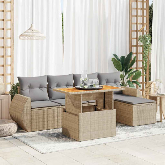 6-tlg. Garten-Sofagarnitur mit Kissen Beige Poly Rattan