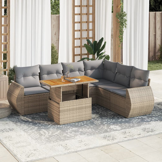 7-tlg. Garten-Sofagarnitur mit Kissen Beige Poly Rattan