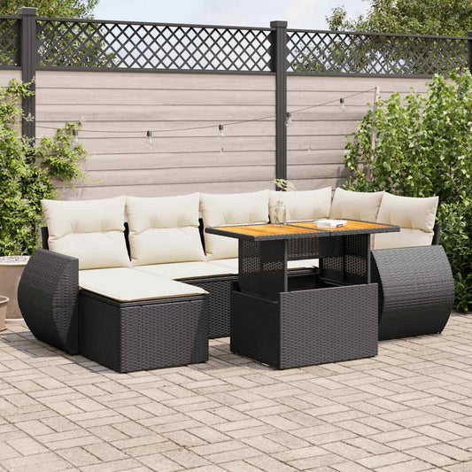 7-tlg. Garten-Sofagarnitur mit Kissen Schwarz Poly Rattan