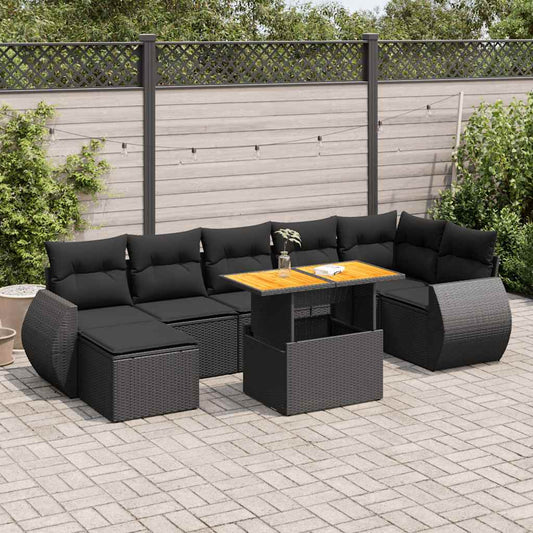 8-tlg. Garten-Sofagarnitur mit Kissen Schwarz Poly Rattan