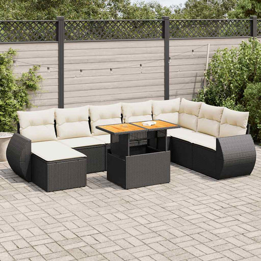 9-tlg. Garten-Sofagarnitur mit Kissen Schwarz Poly Rattan