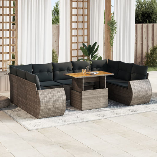 10-tlg. Garten-Sofagarnitur mit Kissen Grau Poly Rattan