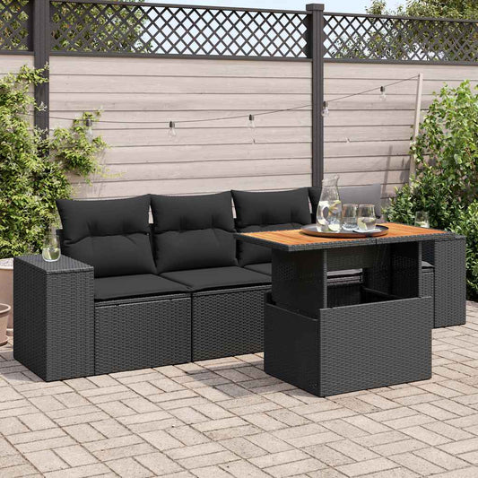 5-tlg. Garten-Sofagarnitur mit Kissen Schwarz Poly Rattan