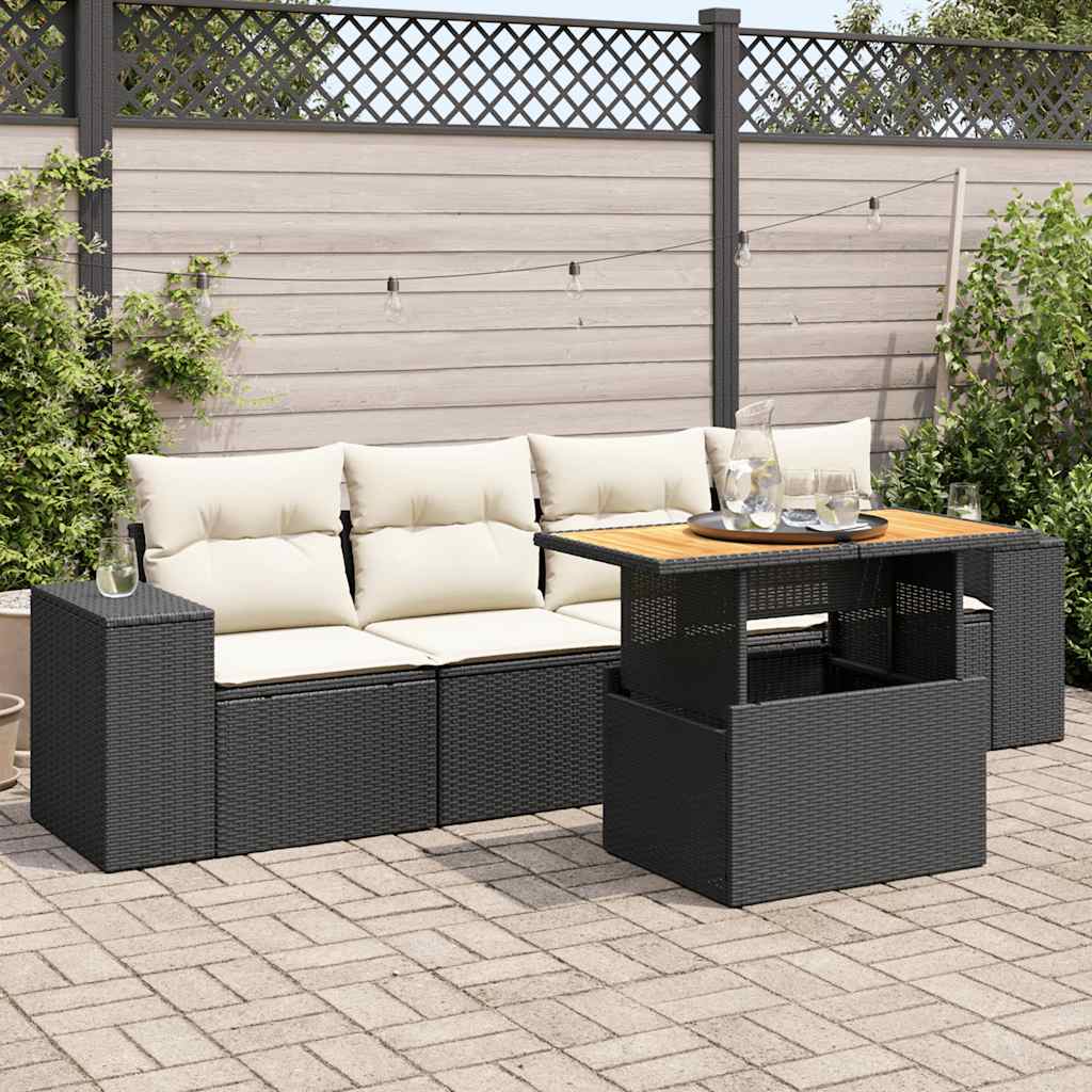 5-tlg. Garten-Sofagarnitur mit Kissen Schwarz Poly Rattan