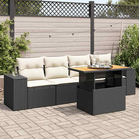 5-tlg. Garten-Sofagarnitur mit Kissen Schwarz Poly Rattan