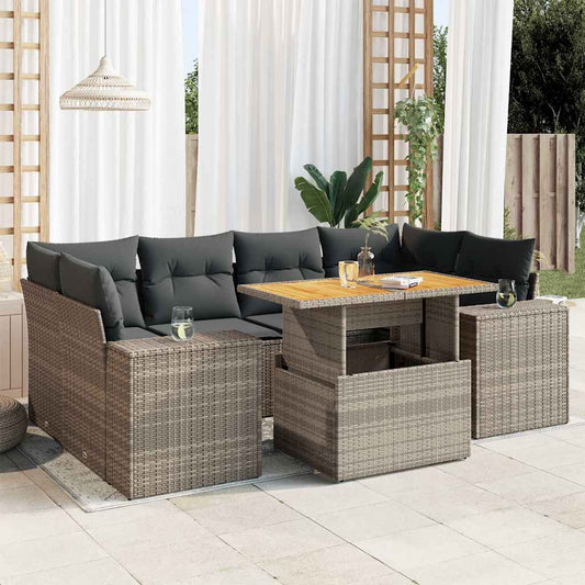 7-tlg. Garten-Sofagarnitur mit Kissen Grau Poly Rattan