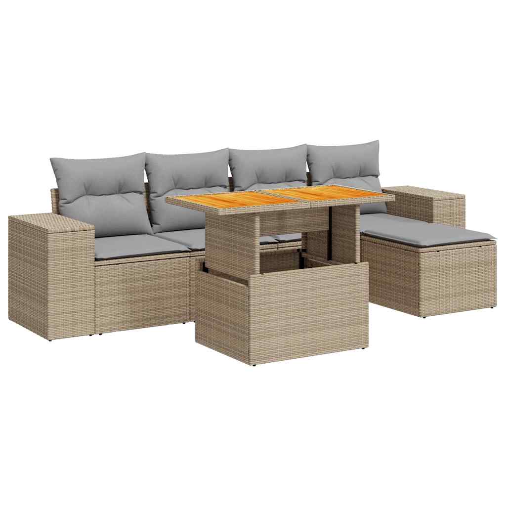 6-tlg. Garten-Sofagarnitur mit Kissen Beige Poly Rattan