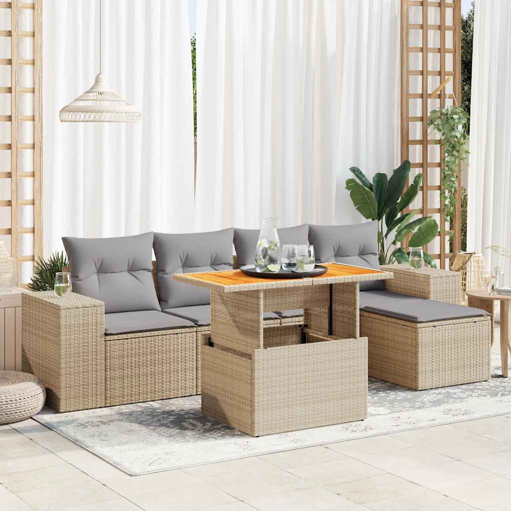 6-tlg. Garten-Sofagarnitur mit Kissen Beige Poly Rattan