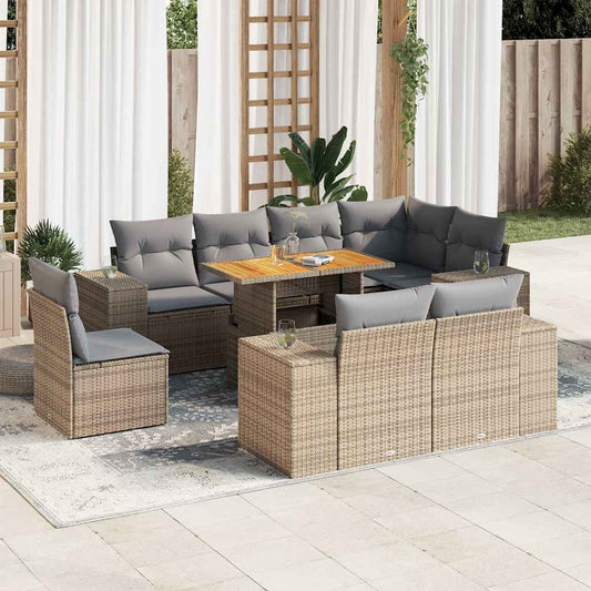 9-tlg. Garten-Sofagarnitur mit Kissen Beige Poly Rattan