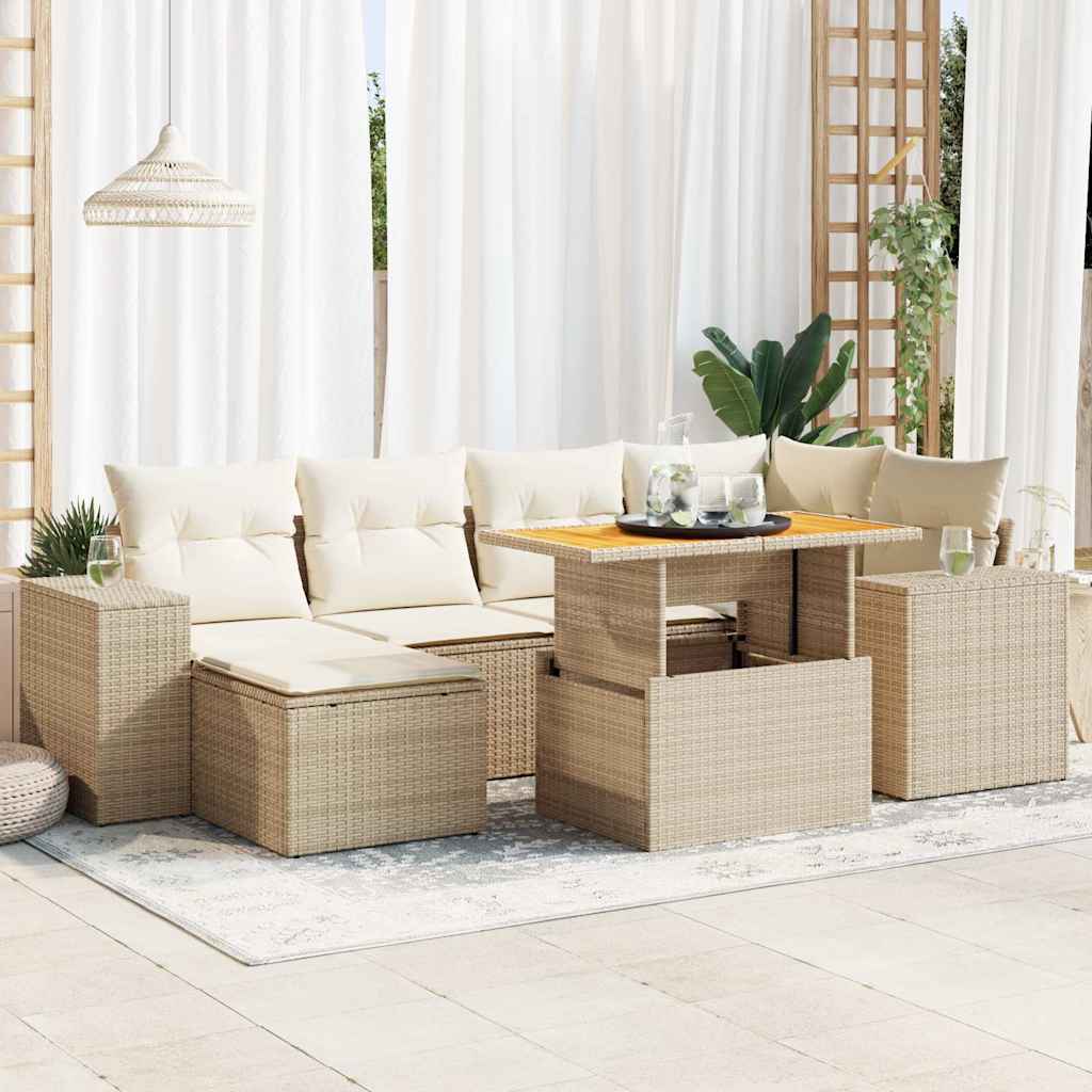 7-tlg. Garten-Sofagarnitur mit Kissen Beige Poly Rattan