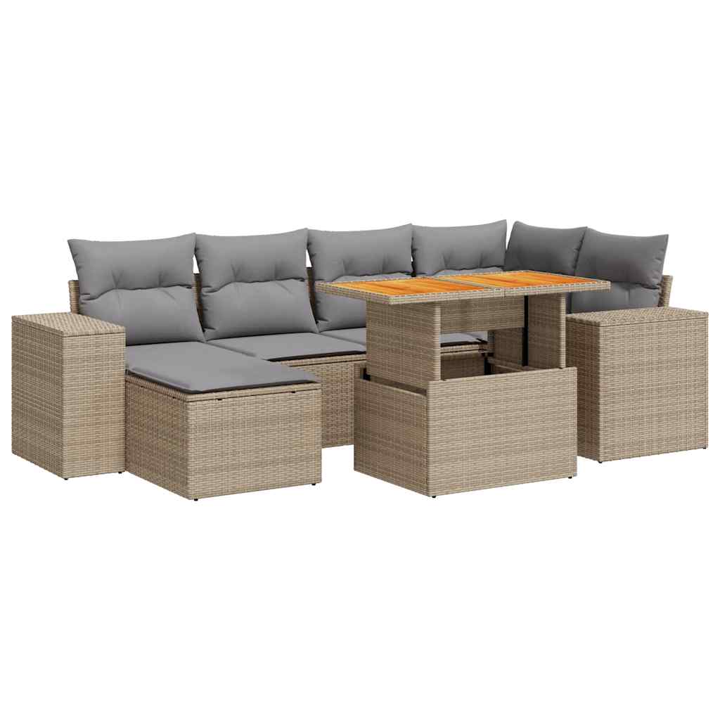 7-tlg. Garten-Sofagarnitur mit Kissen Beige Poly Rattan