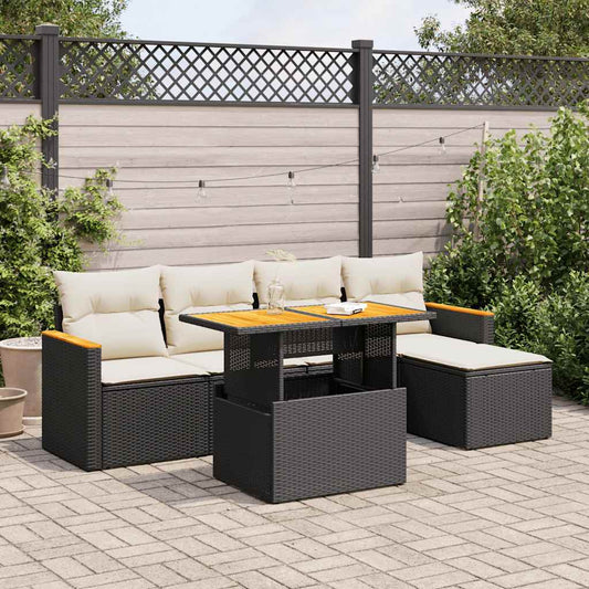 6-tlg. Garten-Sofagarnitur mit Kissen Schwarz Poly Rattan