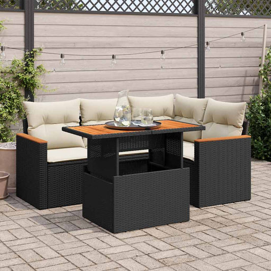 5tlg. Garten-Sofagarnitur mit Kissen Schwarz Poly Rattan Akazie