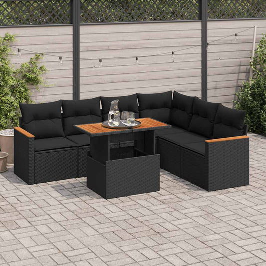 7-tlg. Garten-Sofagarnitur mit Kissen Schwarz Poly Rattan