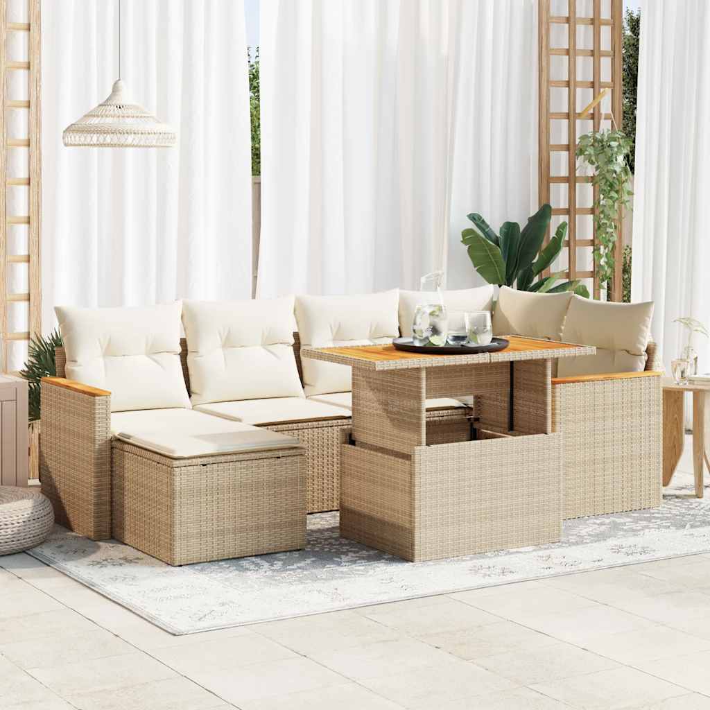 7-tlg. Garten-Sofagarnitur mit Kissen Beige Poly Rattan Akazie