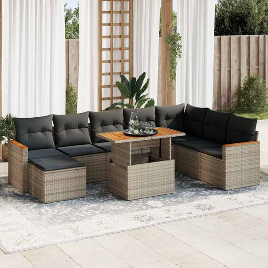 9-tlg. Garten-Sofagarnitur mit Kissen Grau Poly Rattan Akazie