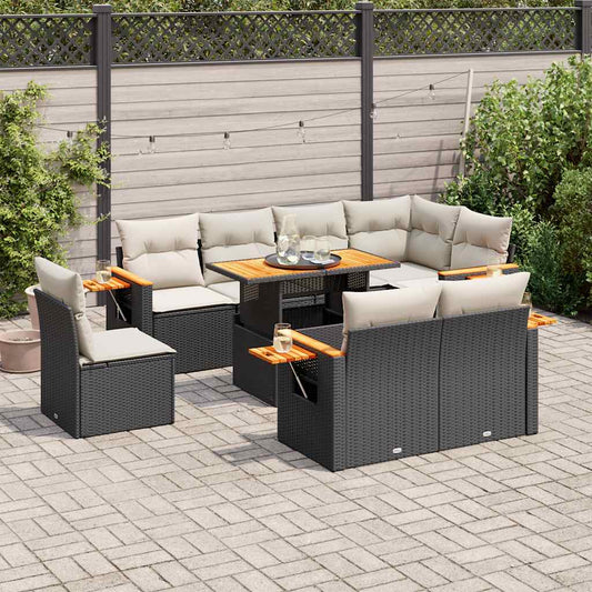 9-tlg. Garten-Sofagarnitur mit Kissen Schwarz Poly Rattan