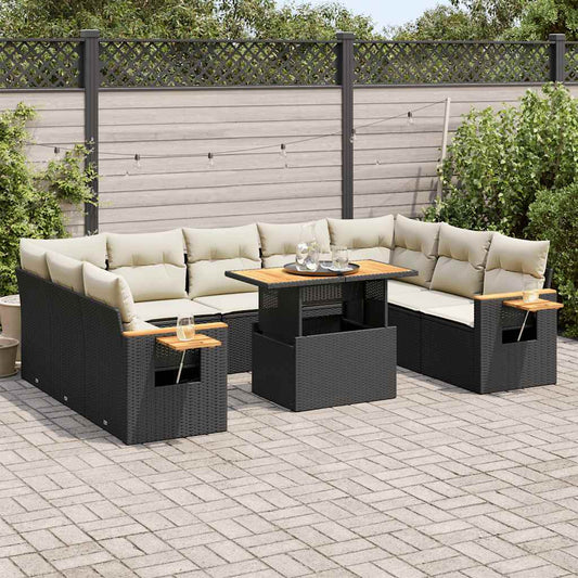 10-tlg. Garten-Sofagarnitur mit Kissen Schwarz Poly Rattan