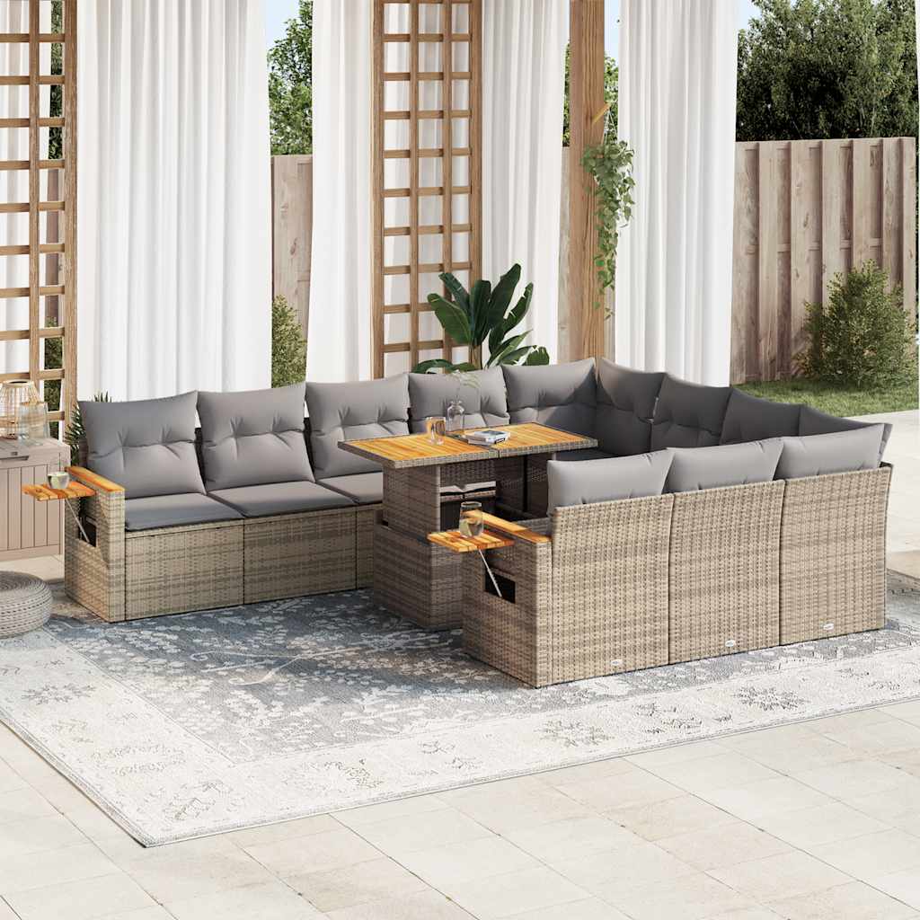 10-tlg. Garten-Sofagarnitur mit Kissen Beige Poly Rattan Akazie