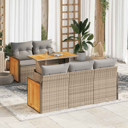 6-tlg. Garten-Sofagarnitur mit Kissen Beige Poly Rattan Akazie