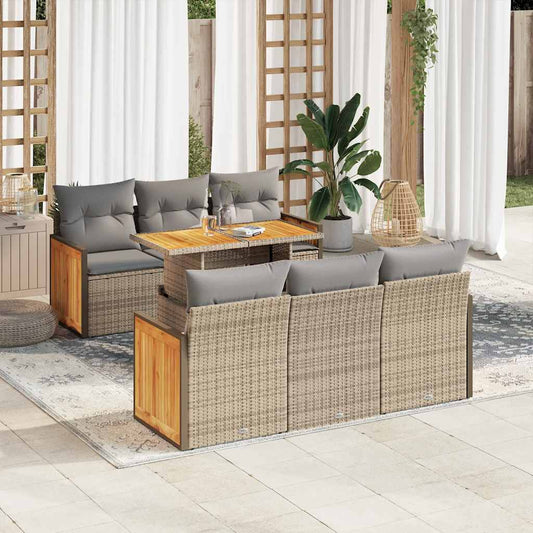 7-tlg. Garten-Sofagarnitur mit Kissen Beige Poly Rattan Akazie