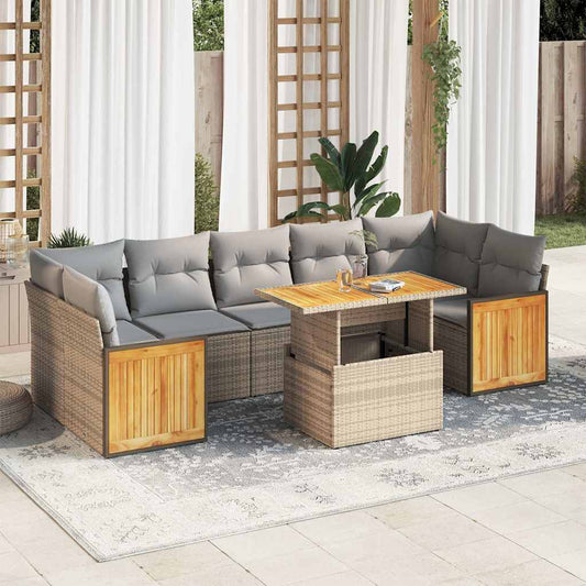 8-tlg. Garten-Sofagarnitur mit Kissen Beige Poly Rattan Akazie