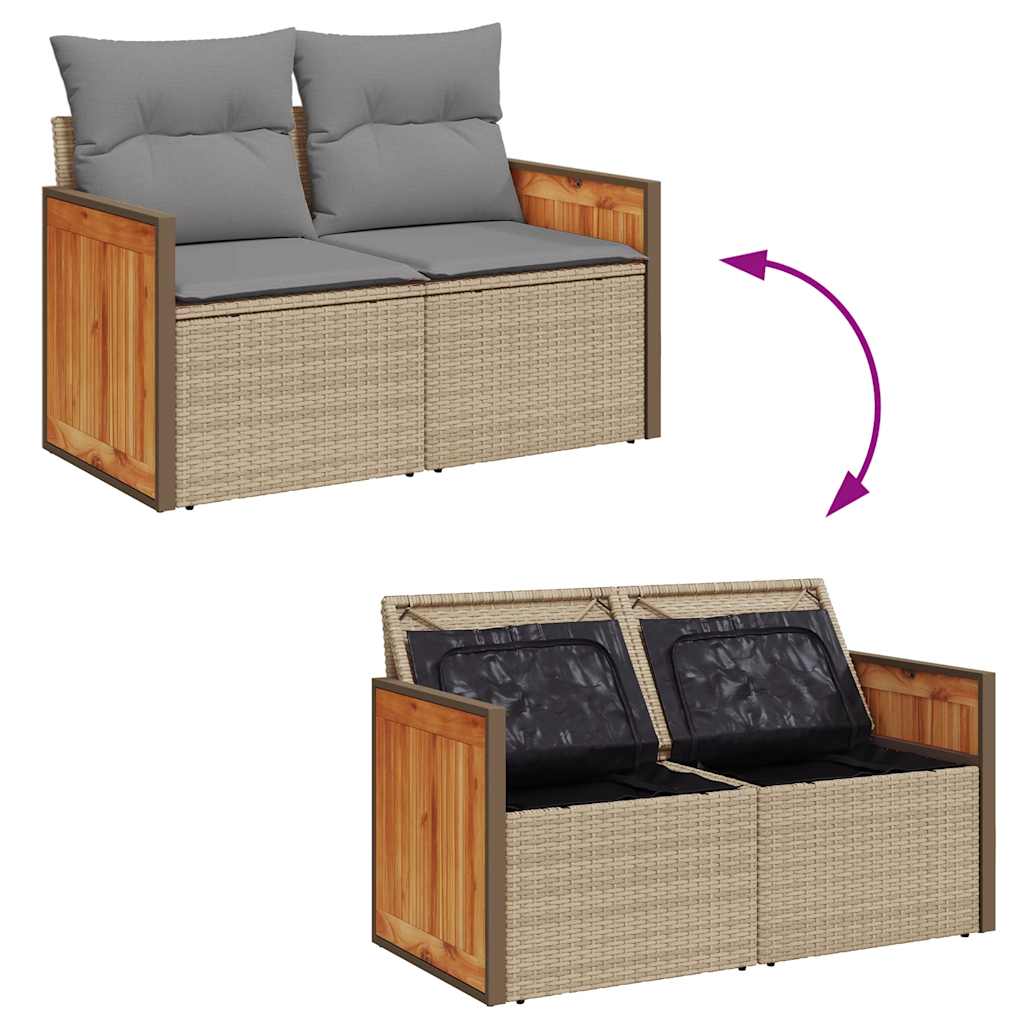 9-tlg. Garten-Sofagarnitur mit Kissen Beige Poly Rattan Akazie