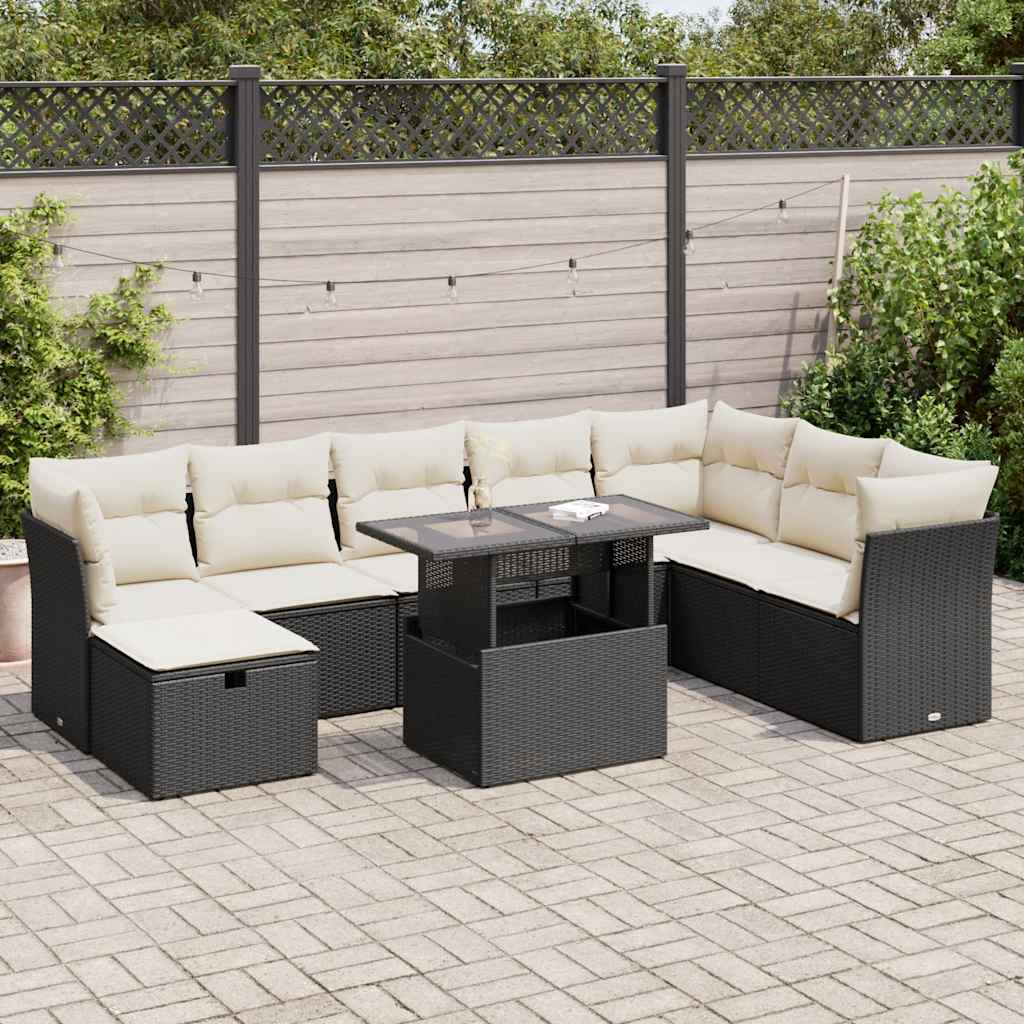 9-tlg. Garten-Sofagarnitur mit Kissen Schwarz Poly Rattan