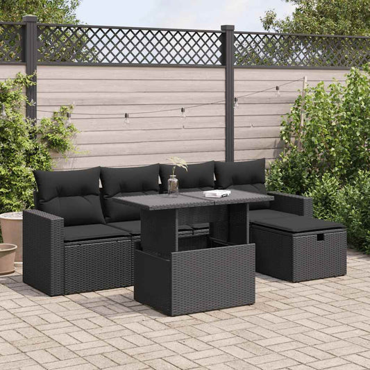 6-tlg. Garten-Sofagarnitur mit Kissen Schwarz Poly Rattan