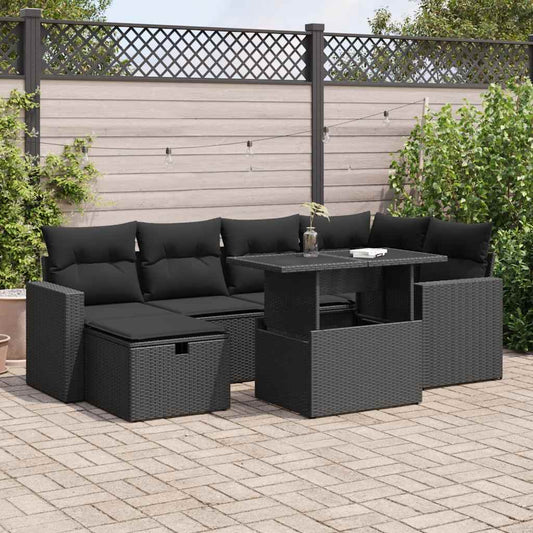 7-tlg. Garten-Sofagarnitur mit Kissen Schwarz Poly Rattan