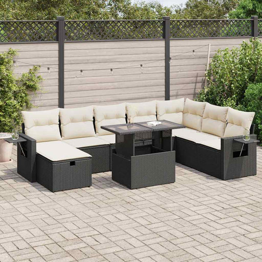 9-tlg. Garten-Sofagarnitur mit Kissen Schwarz Poly Rattan