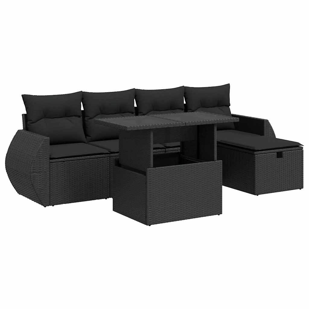 6-tlg. Garten-Sofagarnitur mit Kissen Schwarz Poly Rattan