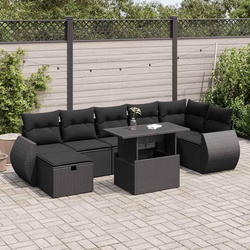 8-tlg. Garten-Sofagarnitur mit Kissen Schwarz Poly Rattan